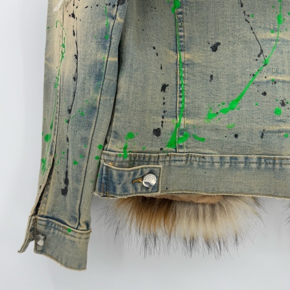 Rockstar Original Fur Trim Denim Paint Splatter Hooded Jean Jacket L - Picture 16 of 16